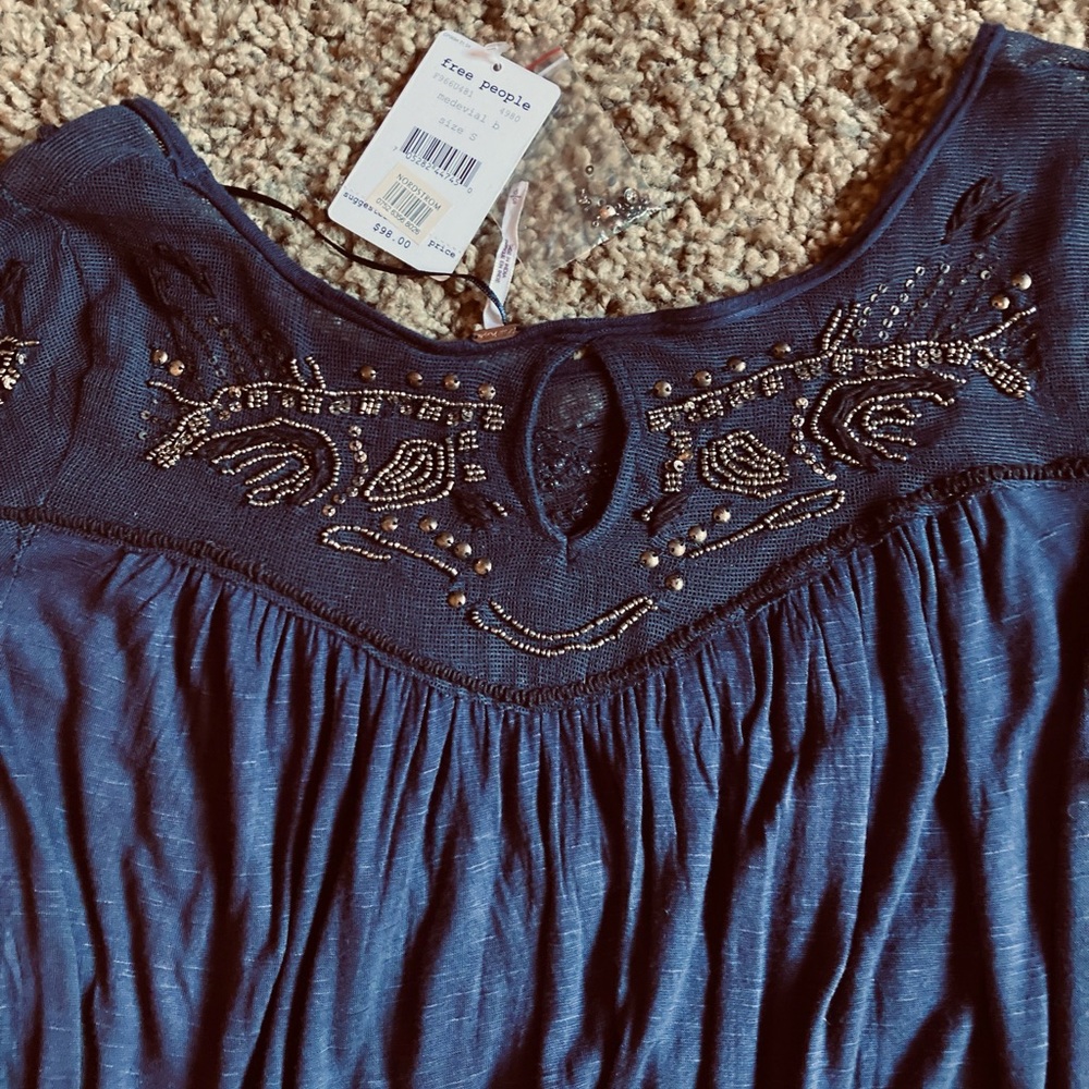 Free People Blue Embellished Top DEFECTS NWT - Picture 9 of 16